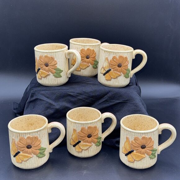 Butterfly Flower Mug Coffee Cup Speckled Auburn Clay Barn Vintage 1970s Set of 6 - Picture 1 of 10